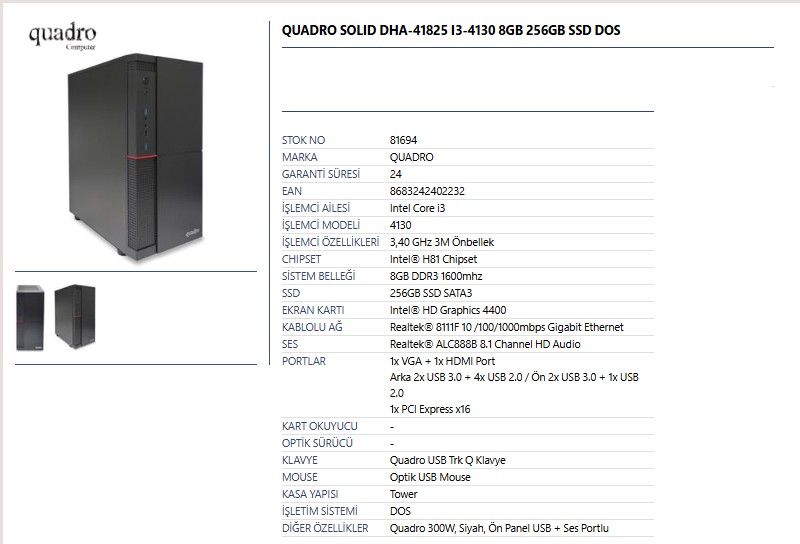 QUADRO SOLID DHA-41825 I3-4130 8GB 256GB SSD DOS