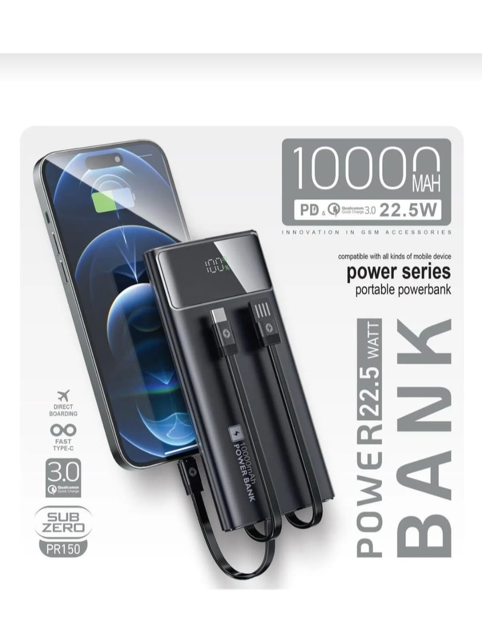 Subzero PR150 10.000 Mah Kablolu LED Ekranlı 22.5W Hızlı Powerbank